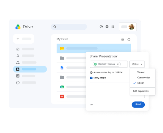 Sharing a file from Drive and changing access to editor with an expiration date
                                          