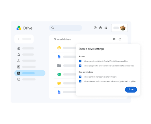 Viewing shared Drive settings of access and role permissions
                                          