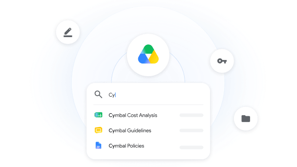 A user starts typing a file name into the Google Drive search tool, and a list of potential matches appears.