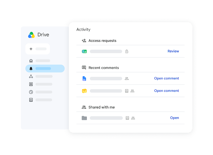 Recent activity list in Drive, including access requests and comments
                                 