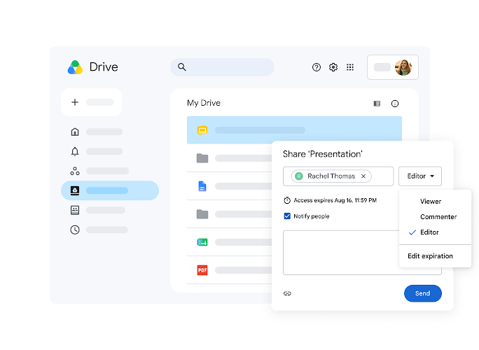 Sharing a file from Drive and changing access to editor with an expiration date
                                 