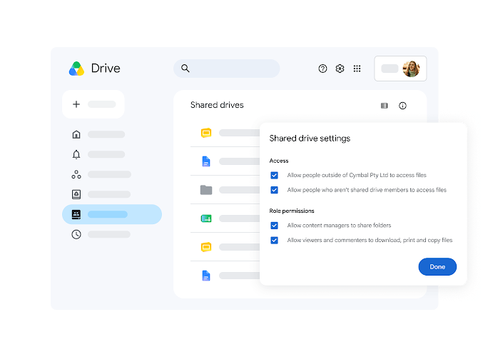 Viewing shared Drive settings of access and role permissions
                                 